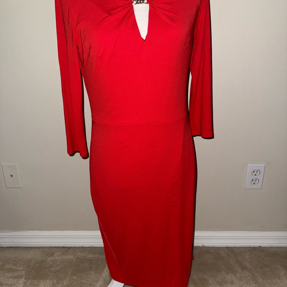 Liz Claiborne Red Long Sleeve Plunge Neck Cocktail Dress - Picture 1 of 7